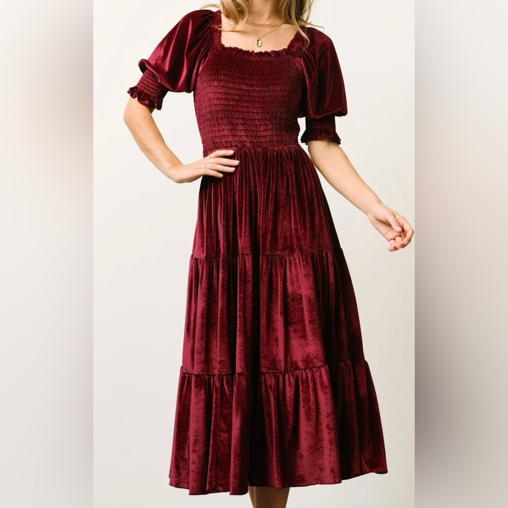 Velvet Puff Sleeve Square Neck Smocked Tiered Ruffle A-Line Flowy Midi Dress
